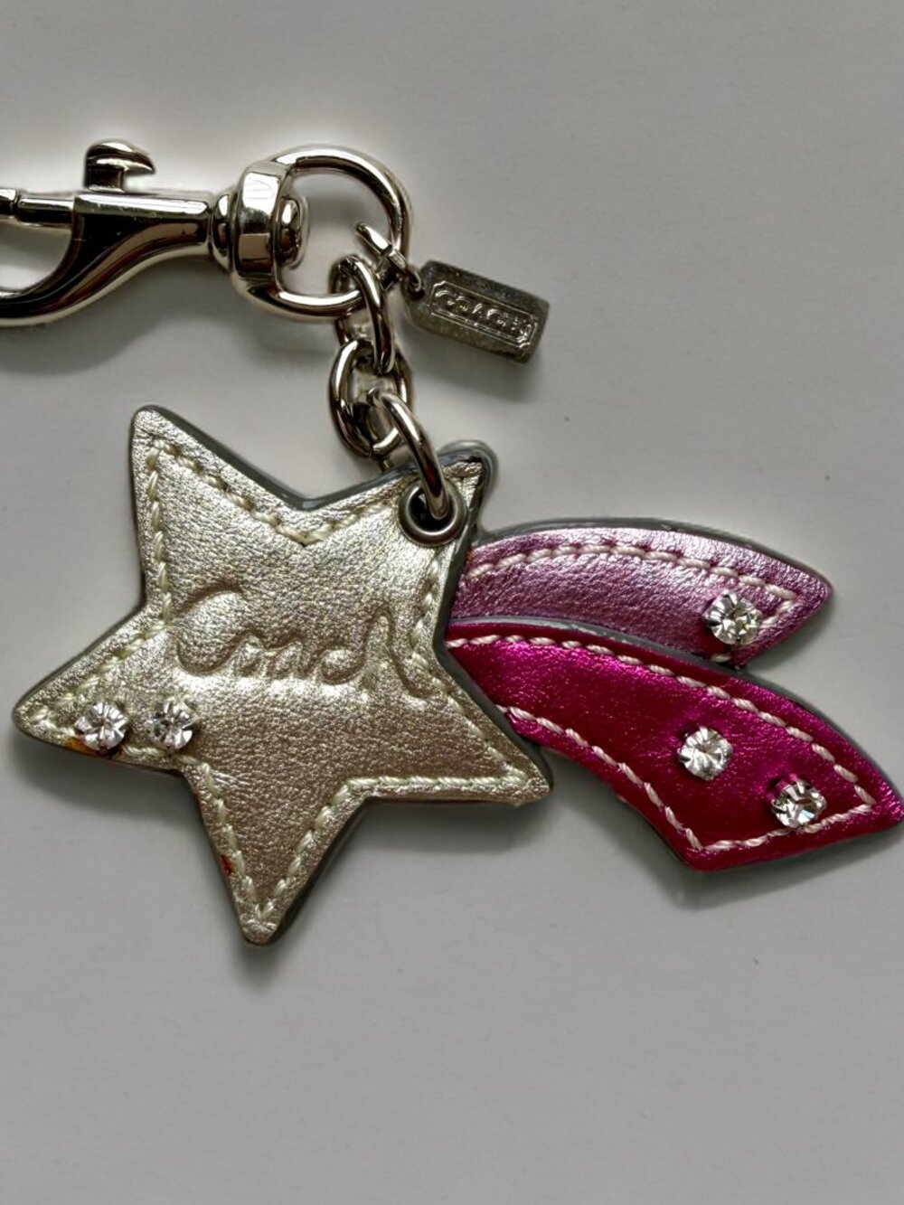 Coach Metallic Silver Pink Rhinestone Leather Shooting Star Bag Charm